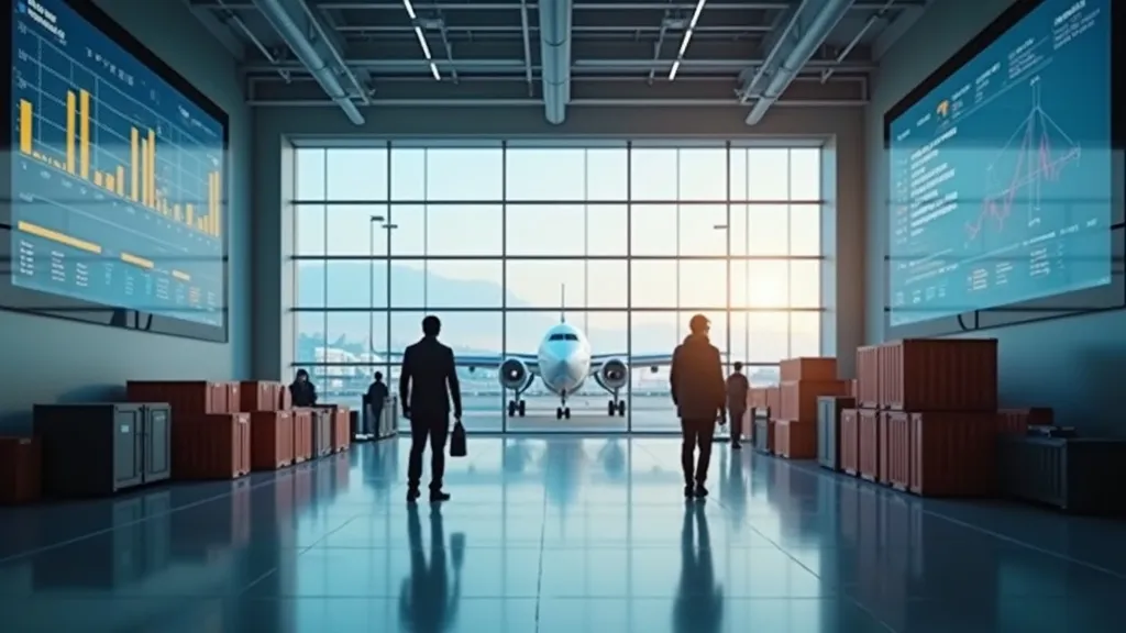 Men in an airport with cargo containers and an airplane outside.