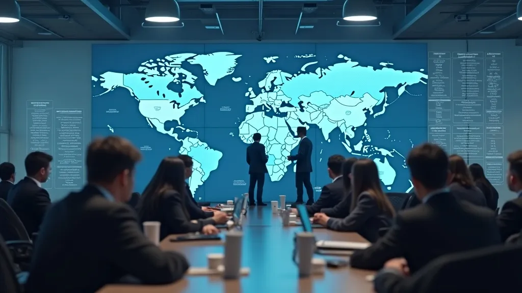 Business meeting with a world map projection in a modern office.