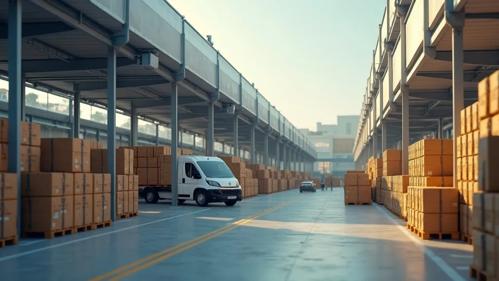 Delivery van in a warehouse with stacked boxes on pallets.