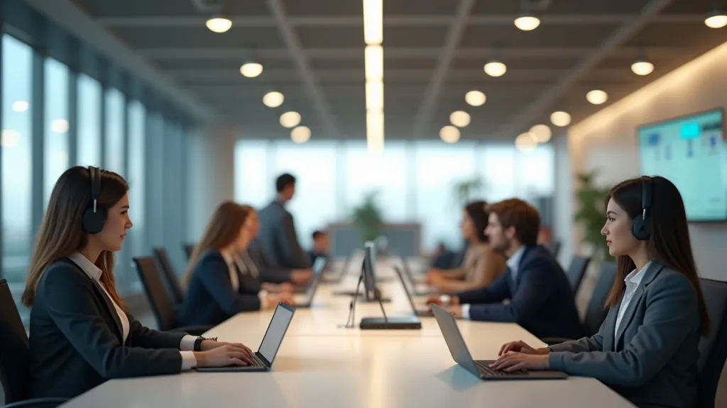 People working in a modern office at their computers with headsets.