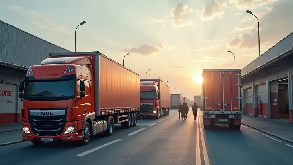 Trucks parked at a logistics facility during sunset