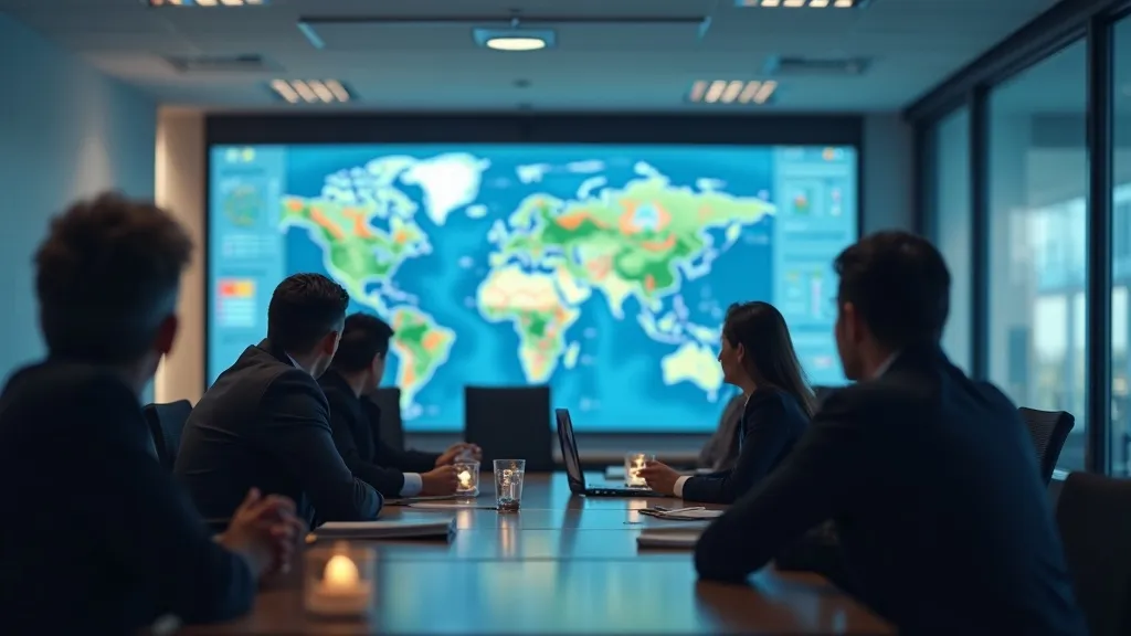 Business meeting in an office with a world map presentation.
