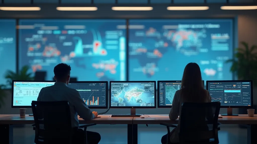 Office environment with two individuals monitoring logistics data on multiple screens.