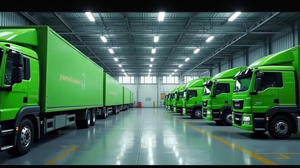 Green trucks parked inside a large warehouse