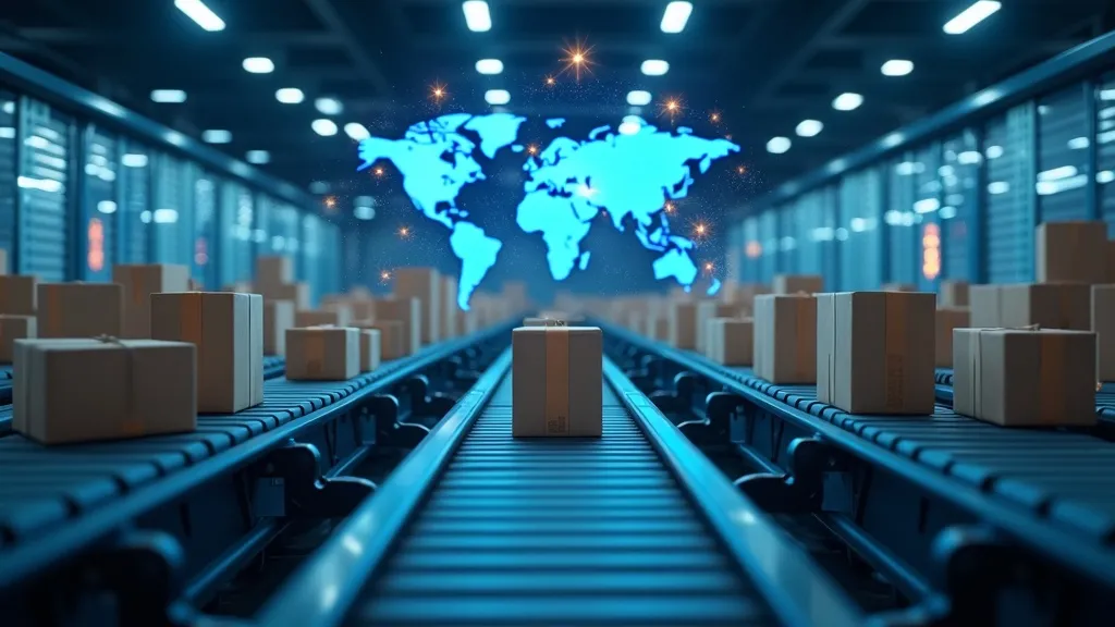 A modern logistics hub with multiple conveyor belts and digital screens displaying real-time shipping data. Packages of various sizes move smoothly through the system, illuminated by soft blue and white lighting. A global map with highlighted routes and glowing dots representing active shipments in the background.