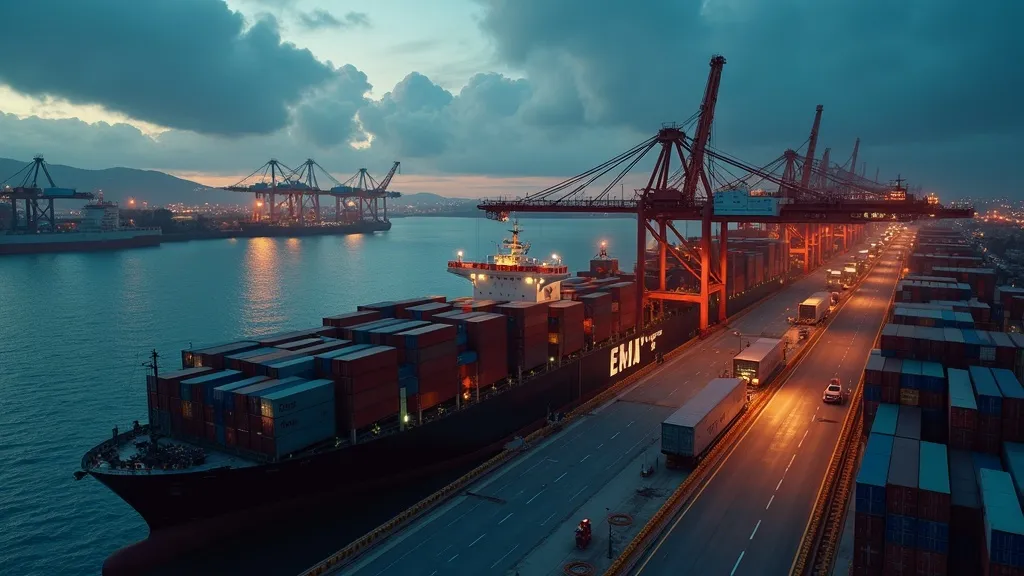 A bird's-eye view of a bustling international transshipment port at dusk, with containers arranged in neat rows, cranes in motion, and a single delayed shipment highlighted in red under a stormy sky, while other containers move smoothly on conveyor belts and trucks.