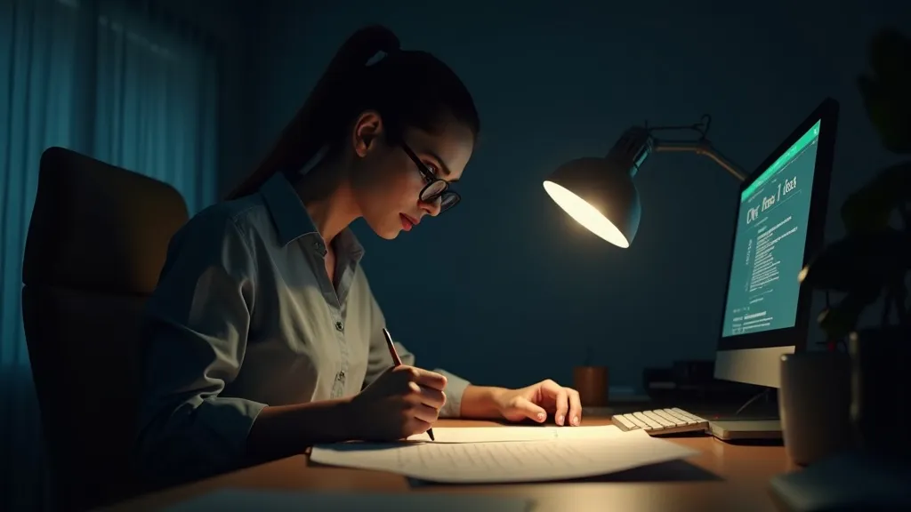 A logistics coordinator squints at incomplete shipping documents under a desk lamp in a dimly lit office, with a computer screen in the background displaying a 'HOLD' status.