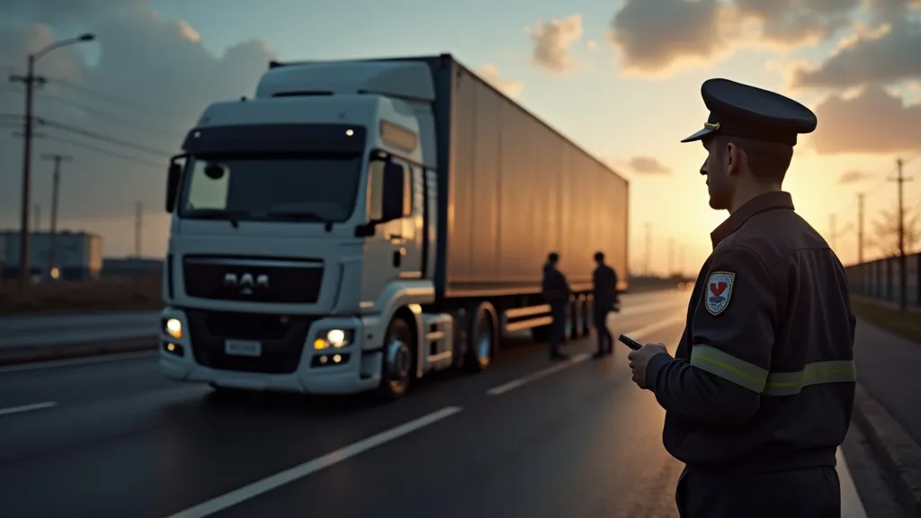 Truck parked at a dimly lit customs checkpoint, officer inspecting an open container, logistics operator anxiously checking the time in the faint light of dawn.