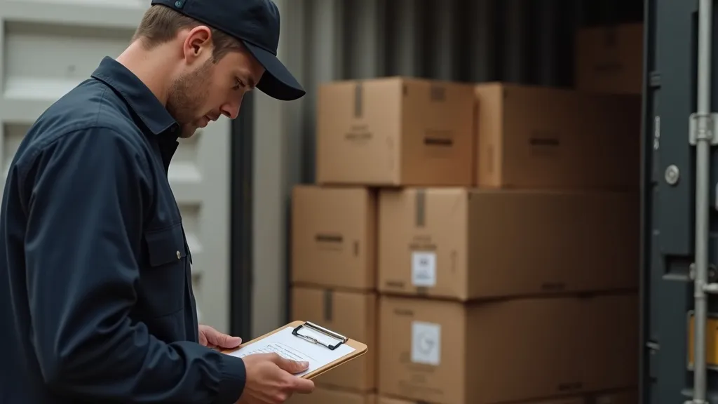 Customs officer scrutinizing a shipping container, clipboard in hand, soft light casting shadows on stacked parcels.