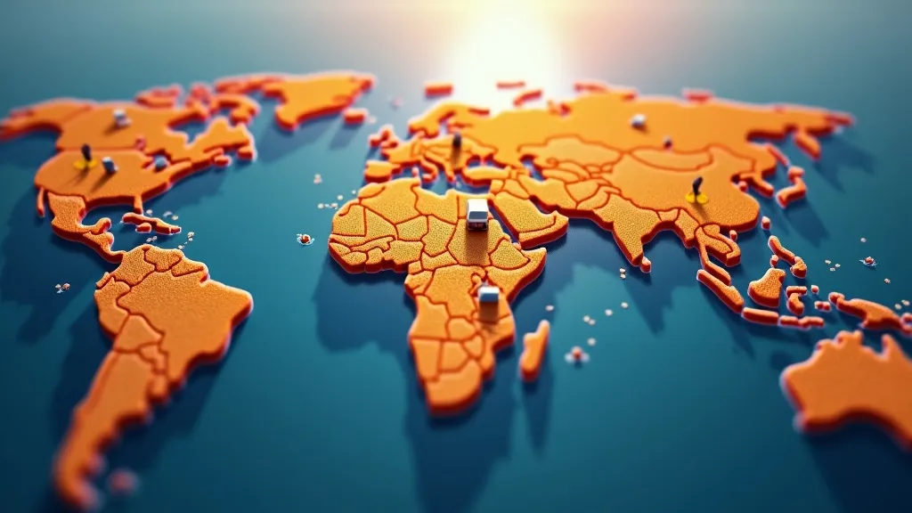 Een dynamische bovenaanzicht-opname van meerdere internationale verzendcontainers en pakketten in beweging, met een wereldkaart subtiel geïntegreerd op de achtergrond. Heldere, energieke kleuren die snelheid en efficiëntie benadrukken, met de focus op logistiek en connectiviteit tussen continenten.