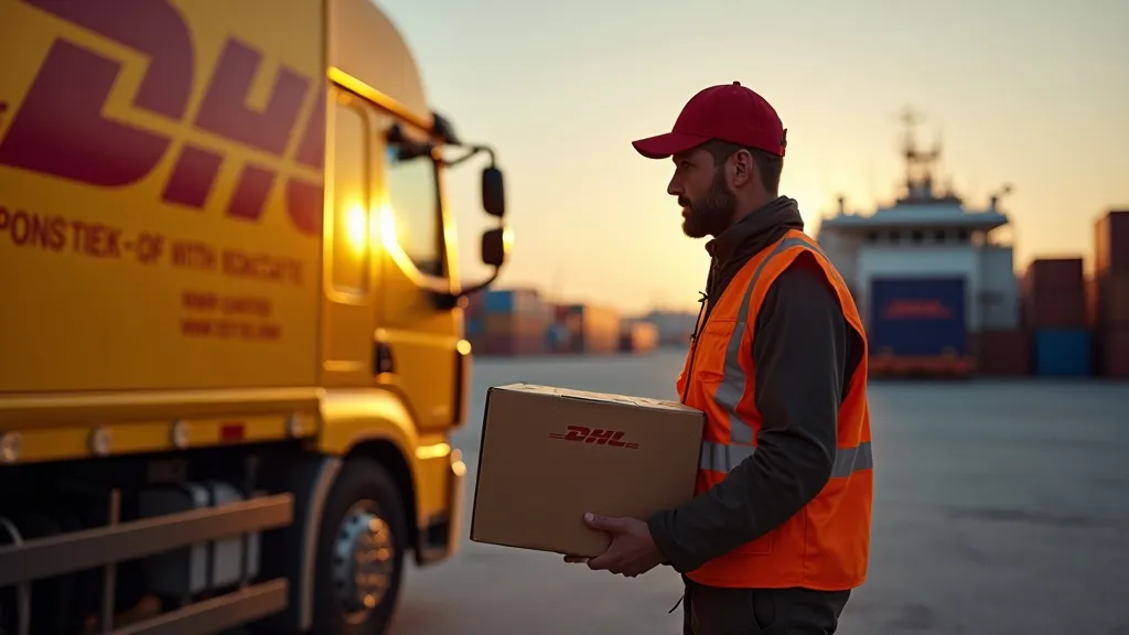 1. Close-up van een DHL-koerier die een kleine, dringende zending overhandigt aan een zakelijke professional bij de ingang van een modern kantoor, warme zonsondergangsgloed.
2. Heftruck laadt een houten pallet op een DPD-vrachtwagen bij een strak Europees magazijndok, zacht ochtendlicht.
3. Vrachtmedewerker die een grote luchtvrachtcontainer vastzet op een drukke luchthaventaxiweg, gouden-uurtje verlichting.
4. Enorme scheepscontainers gestapeld in een drukke haven, diepblauwe schemering weerspiegeld in kalm water.