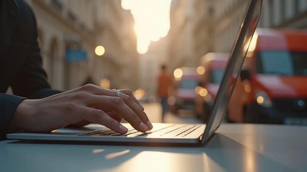 Zacht verlichte laptop op minimalistisch bureau, cursor zwevend boven de knop "Boek Nu", wazige koeriersbusjes op de achtergrond, warme gloed.