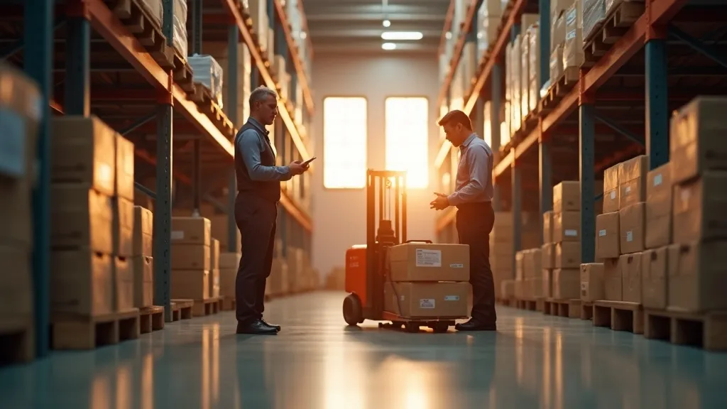 Zacht verlichte magazijngang, heftruck tilt pallet met kleurrijke pakketten, geconcentreerde manager controleert tablet, warme gouden-uurgloed door hoge ramen.