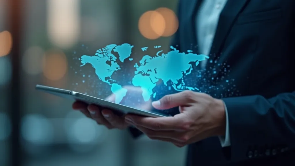 Bedrijfsworkspace, tablet met zij-aan-zij vervoerstarieven van carriers, handen zwevend boven het scherm, zachte gloed van het apparaat, onscherpe wereldkaart op de achtergrond.