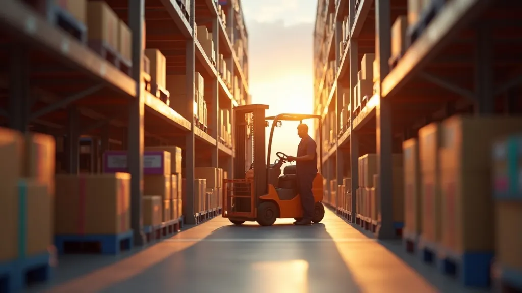Zacht verlichte magazijngang tijdens het gouden uur, heftruck laadt pastelkleurige cadeauverpakkingen op pallets, twee logistieke medewerkers in moderne uniformen controleren tablets, warme gloed op de rekken.