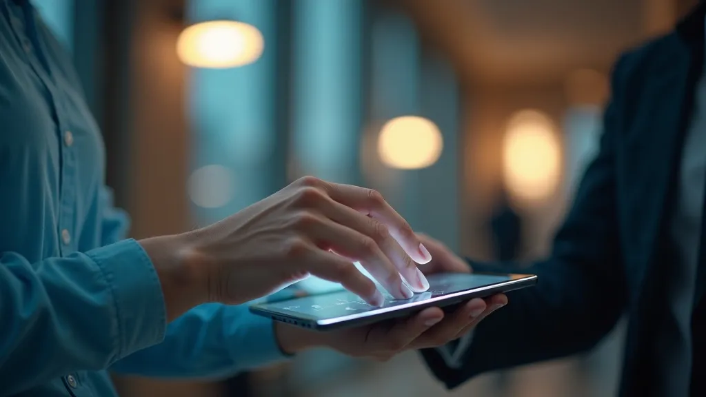 Bedrijfshand op een strak tablet, gloeiend boekingsbevestigingsscherm, zacht blauw omgevingslicht, warme glimlach op de achtergrond.