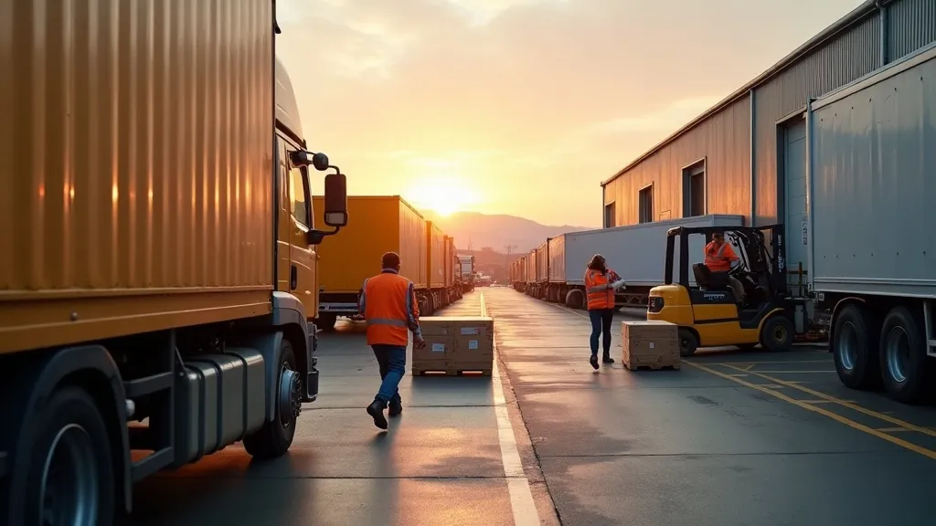 Logistiek centrum bij zonsopgang, geparkeerde vrachtwagens en bestelwagens met open laaddeuren, rustige industriële omgeving, zacht ochtendlicht, gevoel van paraatheid.