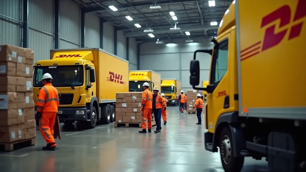Druk logistiek knooppunt met DHL-, UPS- en FedEx-vrachtwagens die pakketten laden onder felle magazijnverlichting, medewerkers scannen pakketten in beweging.