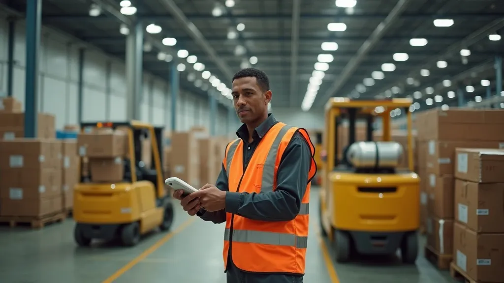 Logistics worker scanning parcels in a busy sorting facility, focused expression, overhead conveyor belts moving packages, urgent yet organized atmosphere.