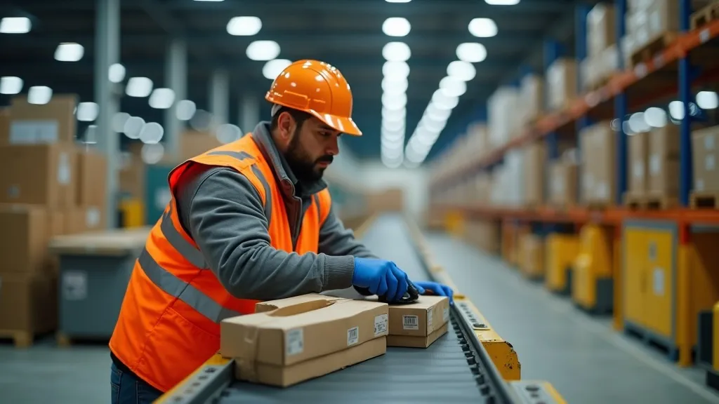 Logistics worker in high-vis vest scanning parcels on a conveyor belt in a busy sorting facility, focused and efficient, wide-angle action shot.