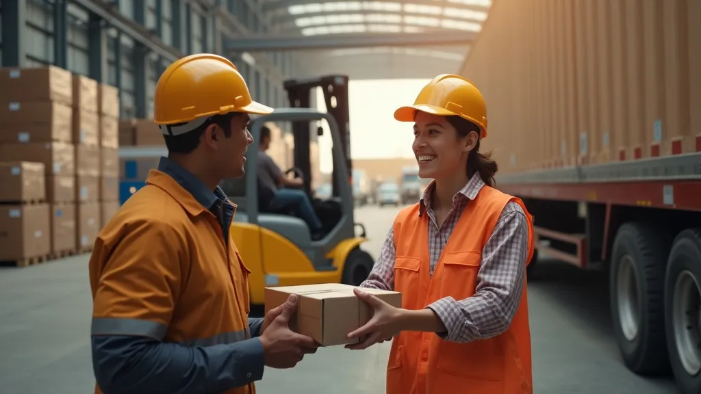 Druk logistiek knooppunt met een koerier van expresslevering die een klein pakket overhandigt aan een glimlachende ontvanger, heftruck laadt grote pallets op een vrachtwagen op de achtergrond, efficiënte beweging.