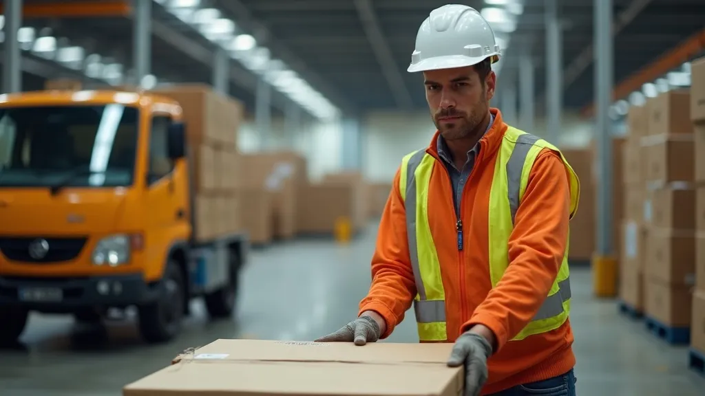 Magazijnmedewerker plaatst discreet een neutraal bruin pakket op een transportband, geconcentreerde blik, neutrale verlichting, subtiele bewegingsonscherpte van sorteermachines op de achtergrond.