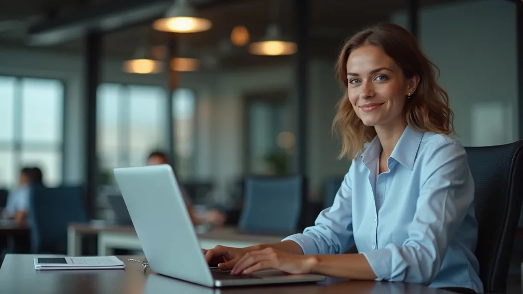 Rustige professional aan laptop, schoon dashboardinterface met vervoerdersopties, neutrale kantoorachtergrond, gefocuste en tevreden uitdrukking.
