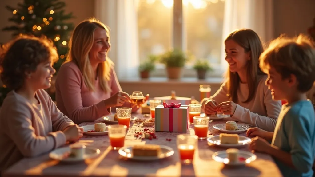 Vrolijk gezin dat een kleurrijk pakket uitpakt aan een zonovergoten ontbijttafel, feestelijke pastelkleurige decoraties, warme glimlachen, intieme binnenomgeving.