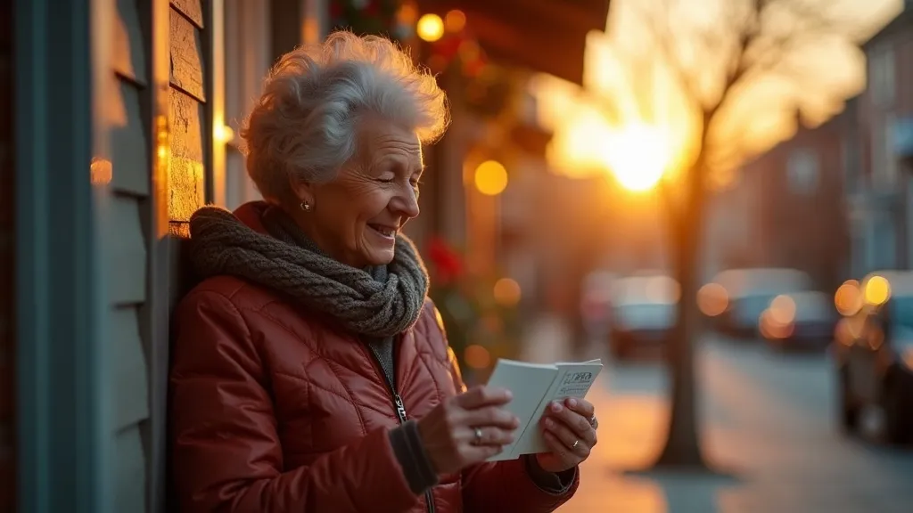 Vrolijke oudere vrouw die een klein pakketje opent bij haar voordeur, warm zonlicht, handgeschreven kaart zichtbaar, oprechte verrassing en glimlach, gezellige buurtstraat