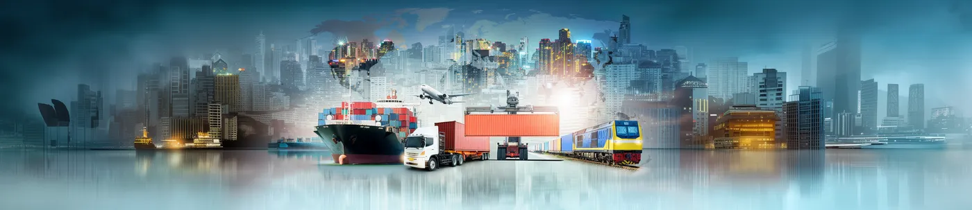 A bustling urban skyline with cargo ships, trucks, trains, and an airplane.