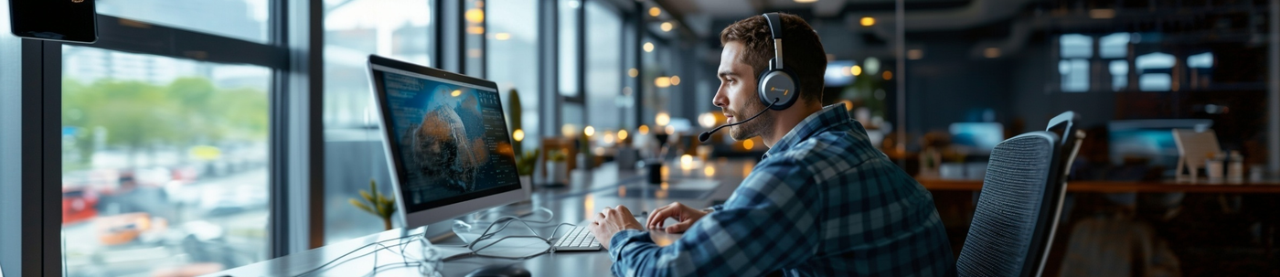 A man with a headset working at an office desk with a computer.